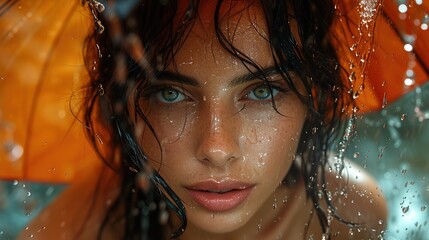 Poster - Close-up portrait of a young beautiful woman under the rain.