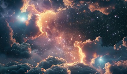 heavenly landscape with clouds, stars, and light. the concept of inspiration and the majesty of the 