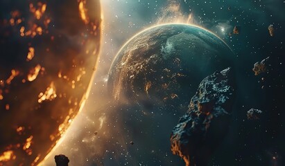 Wall Mural - a planet near a star in outer space. the concept of space exploration and astronomy.