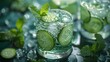 freshness of a crisp cucumber cooler on a refreshing mint green background, with cucumber slices and mint leaves floating in the glass, in cinematic 8k resolution.