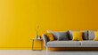 Modern living room and home interior design in a Scandinavian style. Cosy couch with yellow and grey cushions, a side table, and a wall with copy space that is yellow and grey.