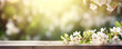Spring blossom and empty wooden table.  Flowers decoration banner,