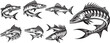 A collection of black and white vector illustrations of barracuda fish