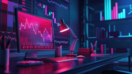 The vibrant pulse of the crypto market captured in real-time charts, under the glow of a single desk lamp, 3D illustration