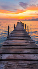  Wooden pier at sunset with colorful sky and calm sea