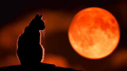 Wall Mural - Silhouette of a cat with a full moon background