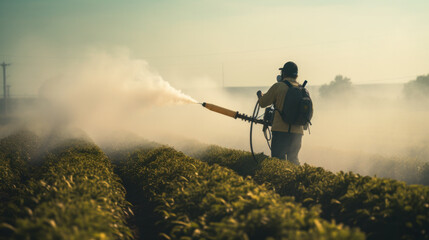 Farmer applying insecticide products on potato crop, Abundant green foliage, healthy leaves in potato crop, man with personal protective equipment for pesticide application, PPE agro