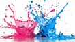 Two vibrant splashes of blue and pink paint collide on a pristine white canvas, creating a dynamic and visually striking contrast of colors.