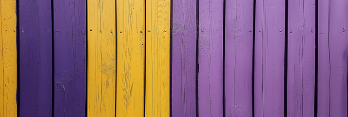 Wall Mural - Bold wooden planks painted in striking yellow and purple, reflecting individuality and vibrant architectural choice