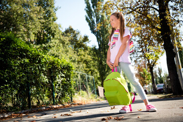 Sticker - Photo of shiny charming small girl wear tied pullover holding backpack enjoying walking sunny street outside urban city park