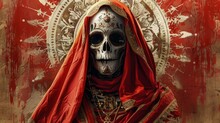 Beautiful Santa Muerte In A Festive Rich Dress And Floral Headdress. The Day Of The Dead.