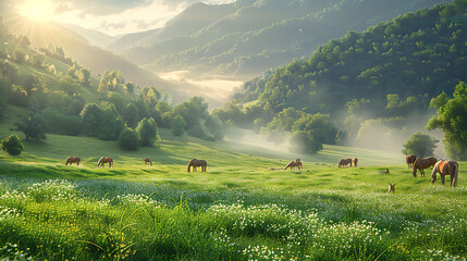 Sticker - A sunlit meadow dotted with grazing horses