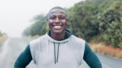 Canvas Print - Black man, face and happy with running for fitness or workout for healthy living in California. Portrait, satisfied and smile with dedication and motivation for wellbeing or wellness with exercise