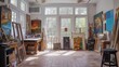 An artist's retreat with a creative studio area, inspiring artwork on the walls, and ample natural light.