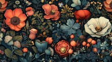 A Rich Tapestry Of Botanical Illustrations Against A Dark Backdrop, Conjuring A Mystical And Lush Night Garden Atmosphere.