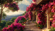 A terraced hillside adorned with cascading bougainvillea