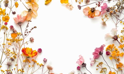 Pressed dried flowers in a watercolor style on a white background.