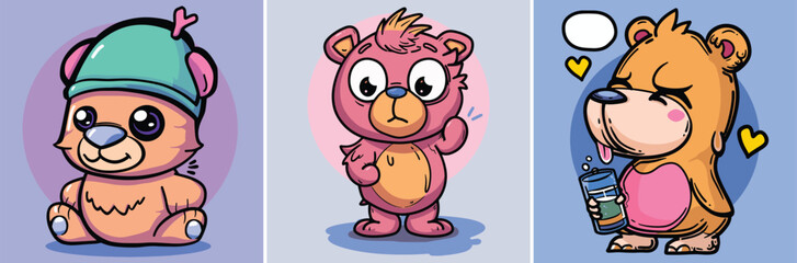 Wall Mural - Cute happy teddy bear cartoon characters vector illustration collection