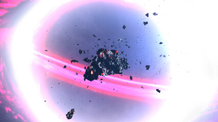 Wall Mural - black hole pulling rocks and space debris 3d rendering of large black hole pulling asteroids, 2024