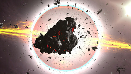 Wall Mural - black hole pulling rocks and space debris 3d rendering of large black hole pulling asteroids, 2024