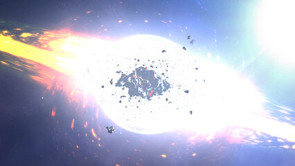 Wall Mural - black hole pulling rocks and space debris 3d rendering of large black hole pulling asteroids, 2024