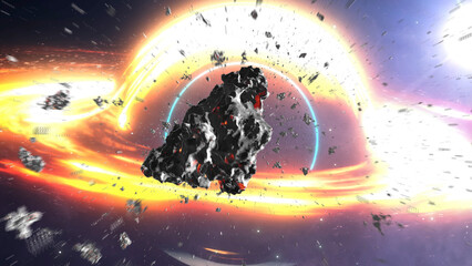 Wall Mural - black hole pulling rocks and space debris 3d rendering of large black hole pulling asteroids, 2024