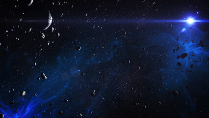 Wall Mural - outer space galaxy with blue sun and asteroids 3d rendering of outer space galaxy concept, 4k, 2022