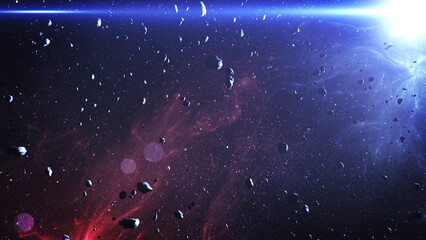 Wall Mural - asteroids flying in beautiful galaxy 3d rendering of outer space galaxy concept, 4k, 2022