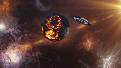 Wall Mural - 3d rendering-flying saucer ufo near dead planet 3d rendering of alien world concept, 4k, 2024