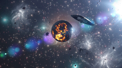 Wall Mural - 3d rendering-flying saucer ufo near dead planet 3d rendering of alien world concept, 4k, 2024
