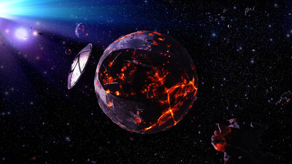 Wall Mural - 3d rendering-flying saucer ufo near dead planet 3d rendering of alien world concept, 4k, 2024
