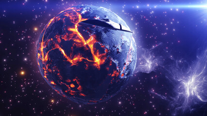 Wall Mural - 3d rendering-flying saucer ufo near dead planet 3d rendering of alien world concept, 4k, 2024