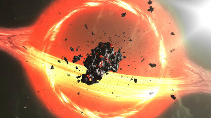 Wall Mural - supermassive black hole sucks stars and asteroids 3d rendering of large black hole pulling asteroids