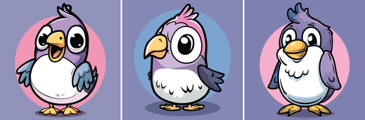 Wall Mural - Cute happy purple bird cartoon characters in pastel colors vector illustration