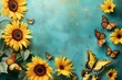 Bright sunflowers and colorful butterflies on a textured grey background, perfect for themes of nature, summer, and contrast in design.
