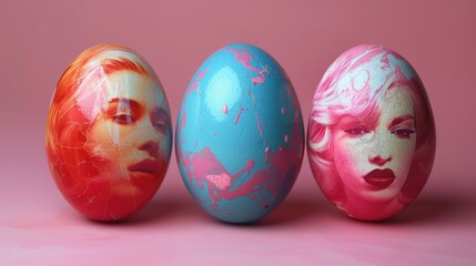 Poster - Easter eggs with celebrity portraits, solid color background, 4k, ultra hd