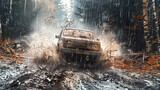 A car is driving through a muddy road with rain pouring down. The car is splashing mud and water all over the road. The scene is intense and exciting