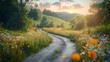 A winding country road bordered by wildflowers