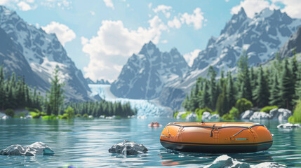 Wall Mural - A large orange raft sits in a lake surrounded by mountains. The scene is peaceful and serene, with the water reflecting the beauty of the surrounding landscape