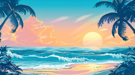 Sticker - Hawaiian Dream, Pastel Landscape with Ocean Waves and Sunset