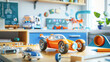 A room with a lot of toys and a car on a table. The car is orange and has a lot of wheels