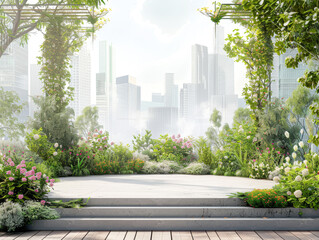 Poster - A city with a park in the middle with a fountain and a bridge. The park is surrounded by trees and flowers