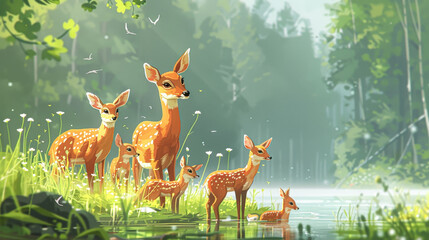 Wall Mural - A group of deer are standing in a grassy area near a body of water. The scene is peaceful and serene, with the deer looking out over the water