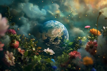 Planet earth on a background of flowers and clouds