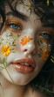 A close-up portrait showcasing a model with intricate floral makeup. Vertical. 