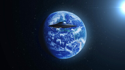 Wall Mural - flying saucer ufo heading planet earth, outer space view alien invasion sci-fi concept,4k, 2024