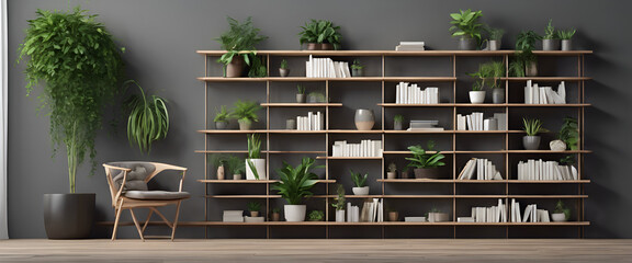 3D render of bookshelves and green plants on the shelves in an interior design scene with books, wooden shelfs, armchair and lots of potted houseplants against dark grey wall