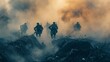 Dramatic world war i battlefield reenactment  soldiers in trenches amid dust and smoke