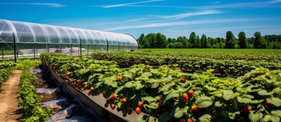 Wall Mural - A scenic view capturing a lush field of ripe strawberries with a greenhouse in the distant background