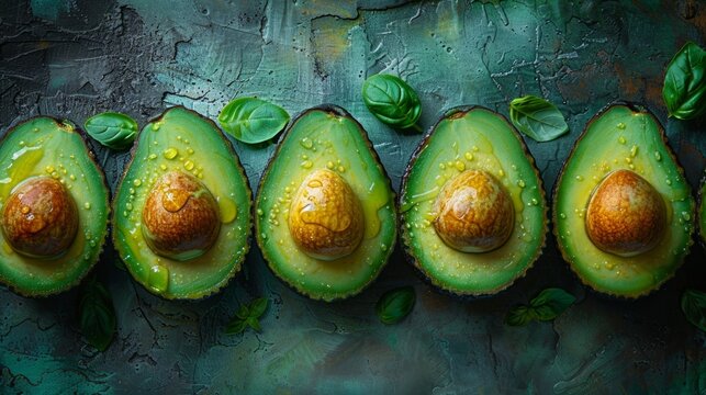 Halved avocados with basil leaves on textured background